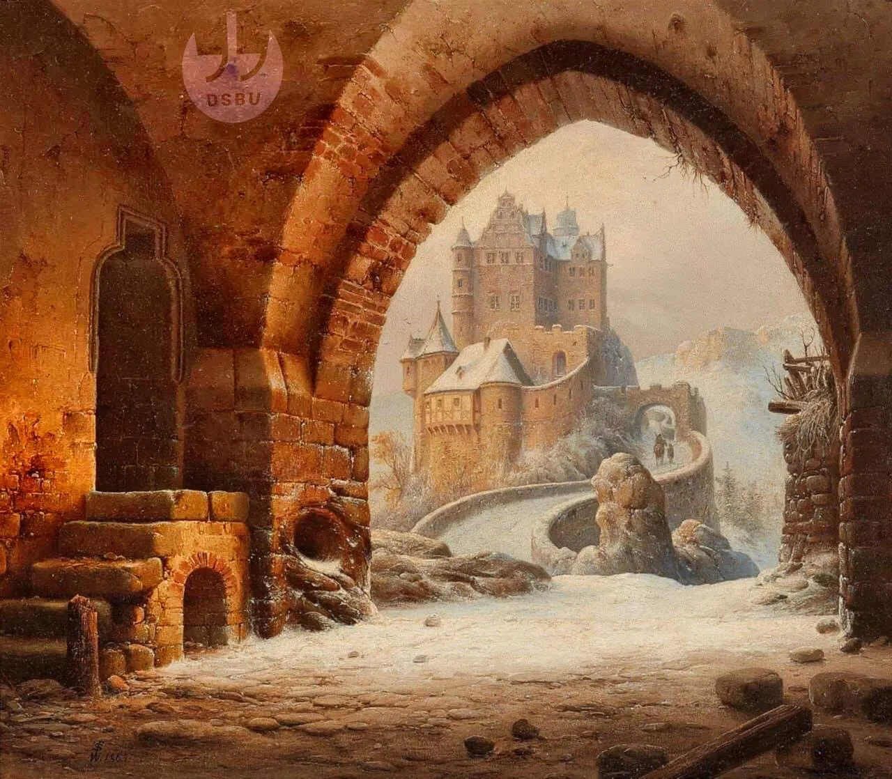 Иллюстрация: 'Арка с видом на средневековый замок', Вильгельм Штойервальд, 1865 г.