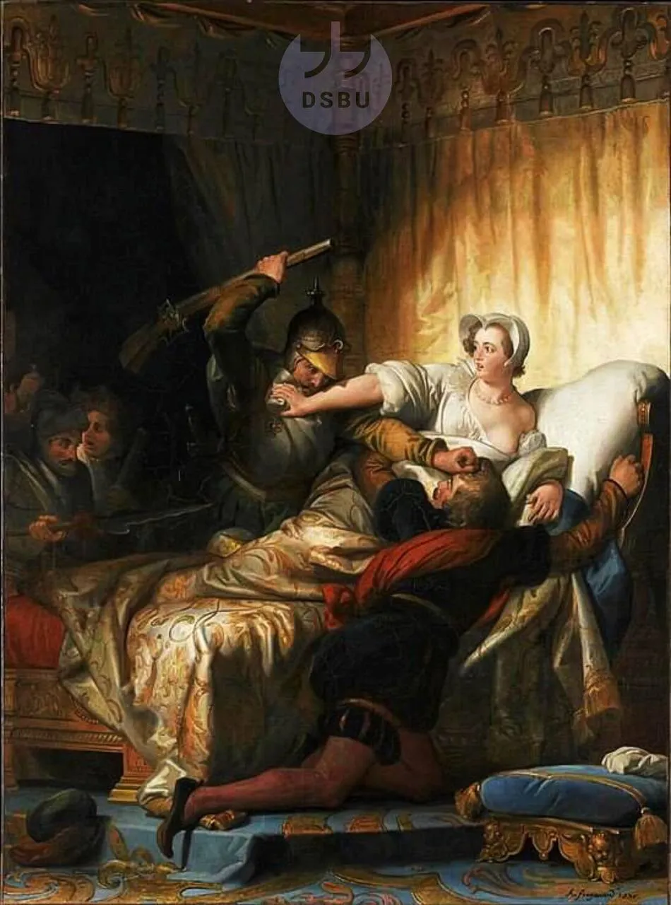 Иллюстрация к рассказу: 'Сцена в спальне королевы Марго во время Варфоломеевской ночи', Ж.Фрагонар, 1845