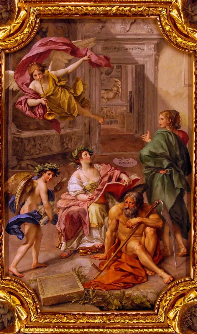 Антон Рафаэль Менгс, 'Триумф истории с течением времени', 1772 год, потолочная фреска в Камере Папирусов, Библиотека Ватикана