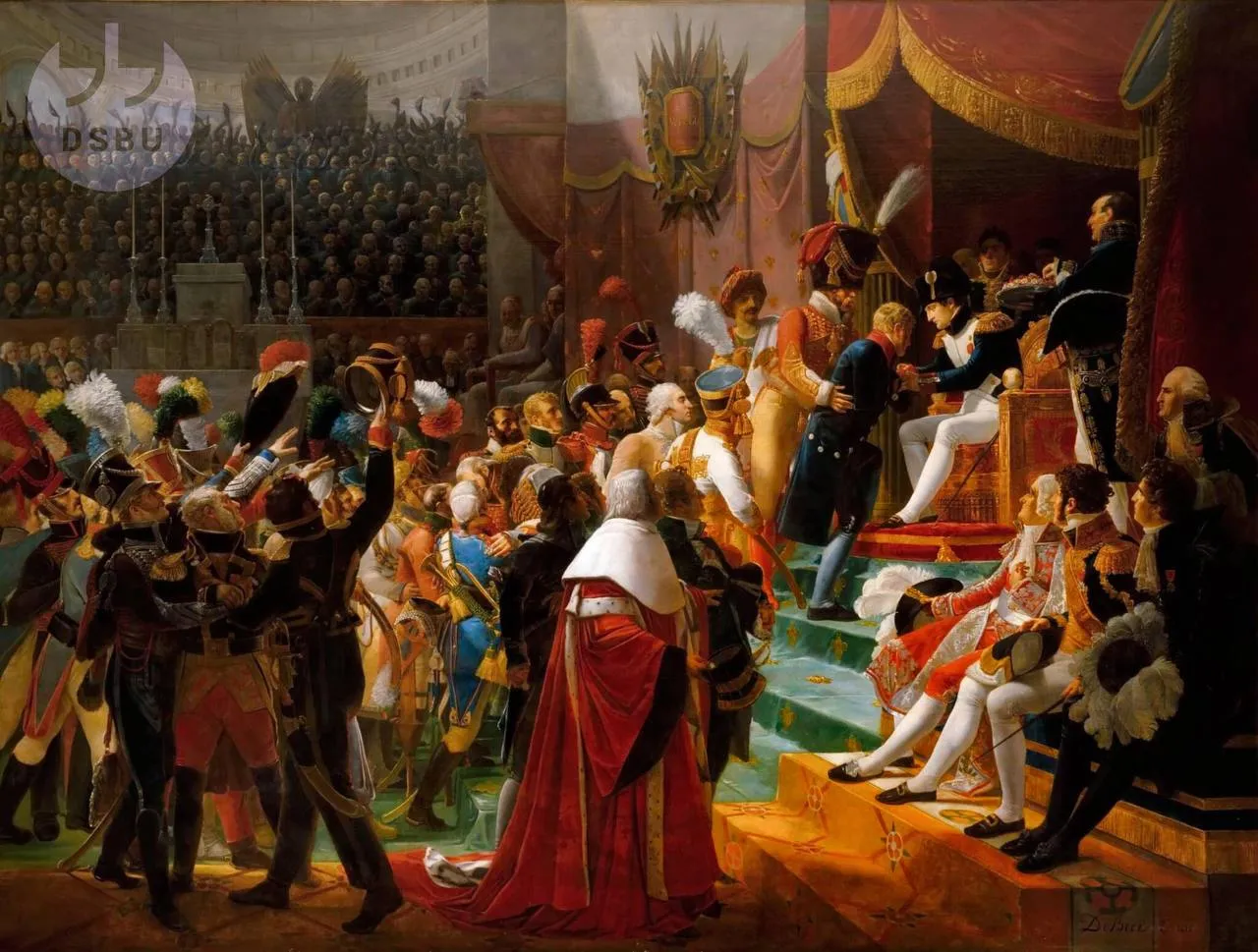 Иллюстрация к рассказу: 'Первое вручение орденов Почетного легиона в церкви Дома Инвалидов, 14 июля 1804 г.', Жан-Батист Дебре, 1812