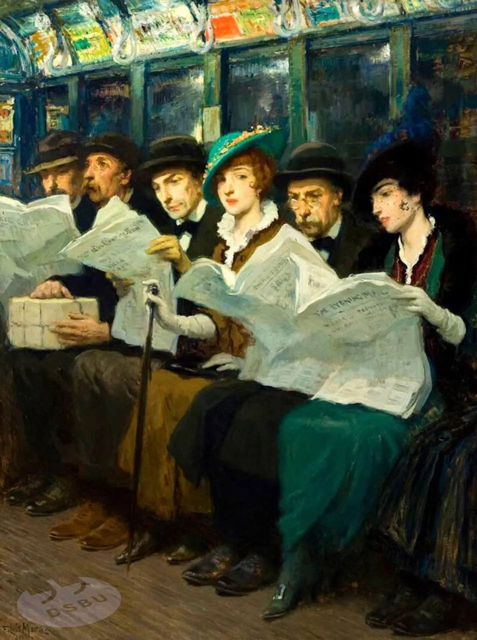 Иллюстрация к рассказу: 'Subway riders in NYC', Francis Luis Mora, 1914