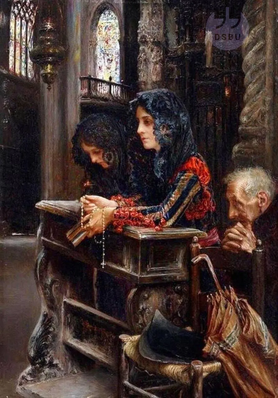 Иллюстрация: Хосе Гальегос-и-Арноса (1857-1917), 'Молящиеся прихожане в интерьере Севильского собора'